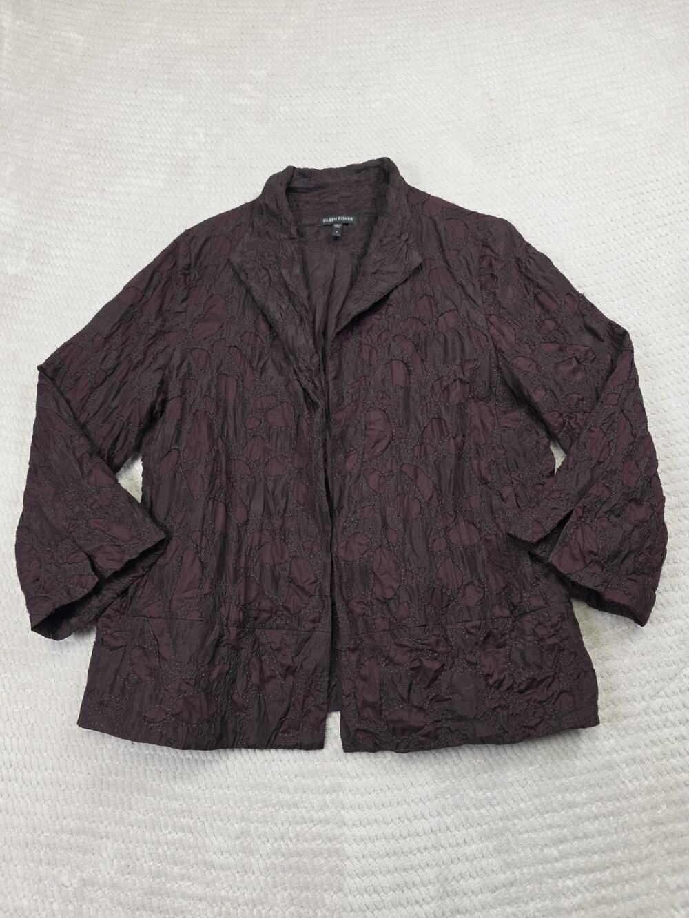 Eileen Fisher Jacket Womens Small 100% Silk Embroidered Open Front Brown